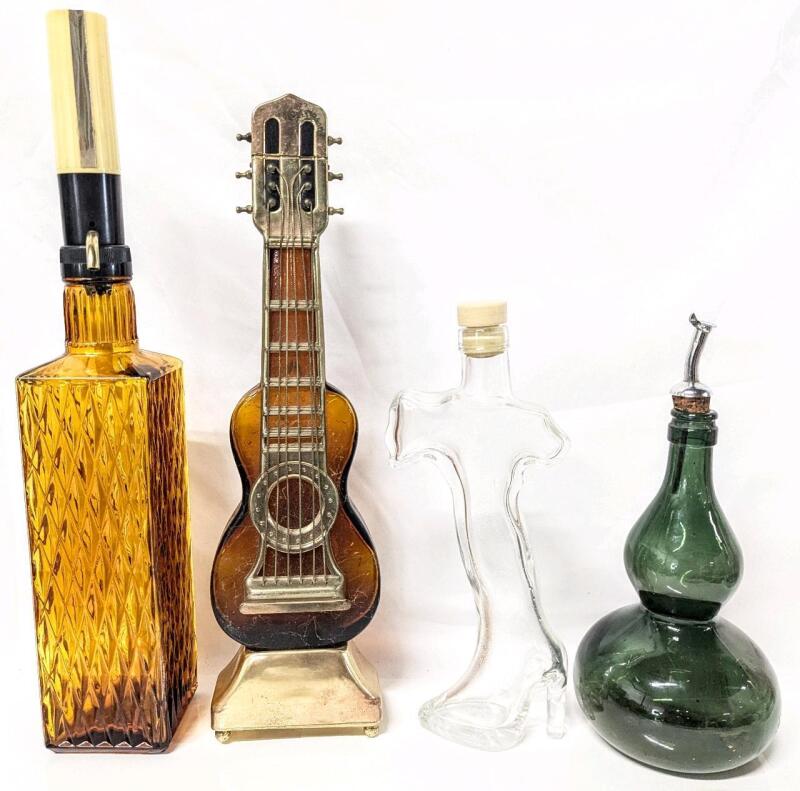 4pcs Vintage Barware : Amber Glass Bottle With Battery-Powered Pump (Untested, Missing Cap), Musical Guitar Decanter (Plays "How Dry Am I"), Italy Boot Bottle, Genie Bubble Bottle with Spill Stop Pourer, Up To 17" Tall