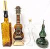 4pcs Vintage Barware : Amber Glass Bottle With Battery-Powered Pump (Untested, Missing Cap), Musical Guitar Decanter (Plays "How Dry Am I"), Italy Boot Bottle, Genie Bubble Bottle with Spill Stop Pourer, Up To 17" Tall