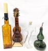 4pcs Vintage Barware : Amber Glass Bottle With Battery-Powered Pump (Untested, Missing Cap), Musical Guitar Decanter (Plays "How Dry Am I"), Italy Boot Bottle, Genie Bubble Bottle with Spill Stop Pourer, Up To 17" Tall - 2