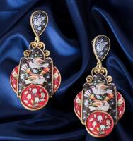 Vintage Palace Style Pigeon Earrings Exquisite Enamel Bird Design and Floral Pattern Stamped 925 Sterling Silver Posts Pierced post backs Approximately 2.25&rsquo;&rsquo; drop
