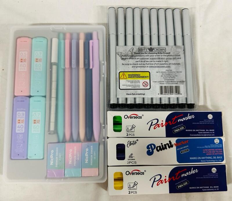 3 New Art Creation Sets, Includes 6 Paint Markers (Green, Purple, Yellow), NicPro Mechanical Pencil Set, and Brite Crown Drawing Pen Set (10 Pc)