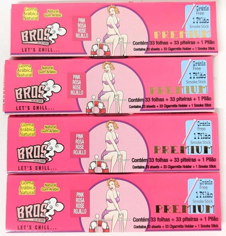 4 New Packs BROS Premium King Size Regular (110 &times; 44mm) Rolling Papers, Pink | 33 Sheets + 33 Cigarette Holders + 1 Smoke Stick Per Pack In Each Pack