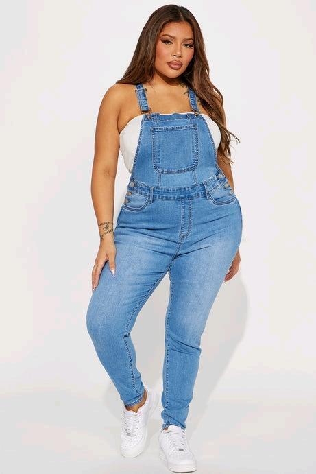 New Size 1X Women's FASHION NOVA Always Pretty Skinny Stretch Denim Overalls. Lightwash, Retails $50