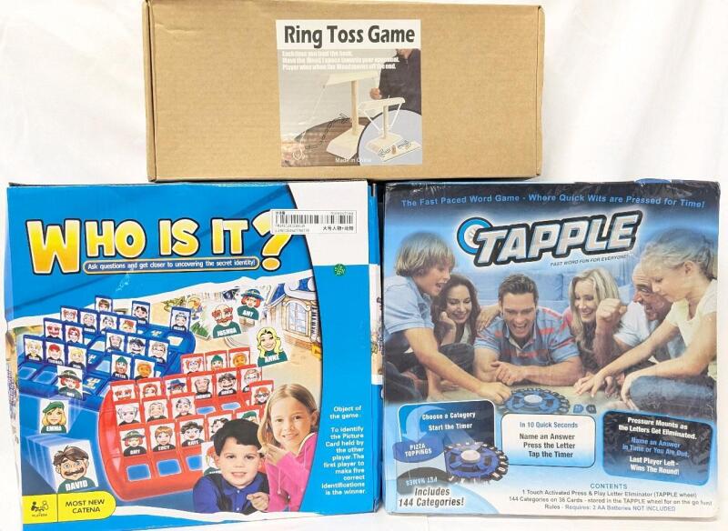 3 New Games: WHO IS IT?, Wood Ring Toss Game & TAPPLE: Fast Word Fun For Everyone