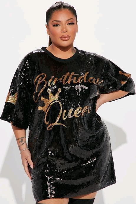 New OS Plus Size Women's FASHION NOVA Birthday Queen Sequin Tunic, Black | Retails $61