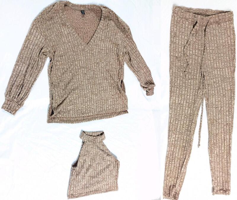 New Size Small Women's 3pc Super Soft Lightweight V-Neck Long Sleeve Top, Halter Top & Bottoms Set