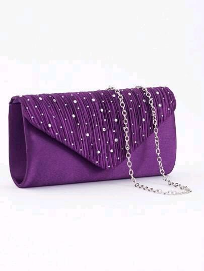 New Elegant Purole Ruched & Rhinestones Evening Bag Clutch Purse With Optional Chain Strap, 8.6" &times; 1.75" &times; 5"