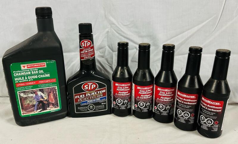 7 New* Bottles of Auto/Tool Fluids, Includes 5 Bottles of MotoMaster Gas Line Antifreeze (150ml), 1 Bottle STO Concentrated Fuel Injector (350ml), and 1 Bottle MotoMaster Chainsaw Bar Oil