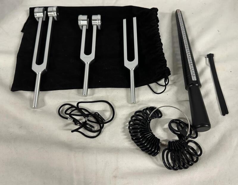Assorted Crafts and Hobby Instruments, Includes 3 Tuning Forks (128, 256, 512 Hz) and Ring Sizer with Test Rings
