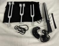 Assorted Crafts and Hobby Instruments, Includes 3 Tuning Forks (128, 256, 512 Hz) and Ring Sizer with Test Rings