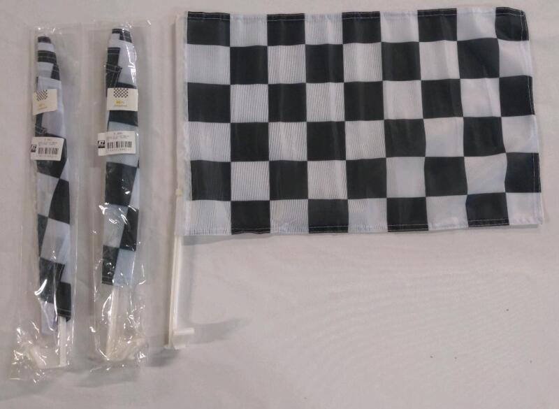 3 New Checker board Race Flags w/ car clamps
