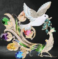 Vintage Inspired Two Brooches Rhinestone Peacock Dove of Peace with Willow Branch sizes in description