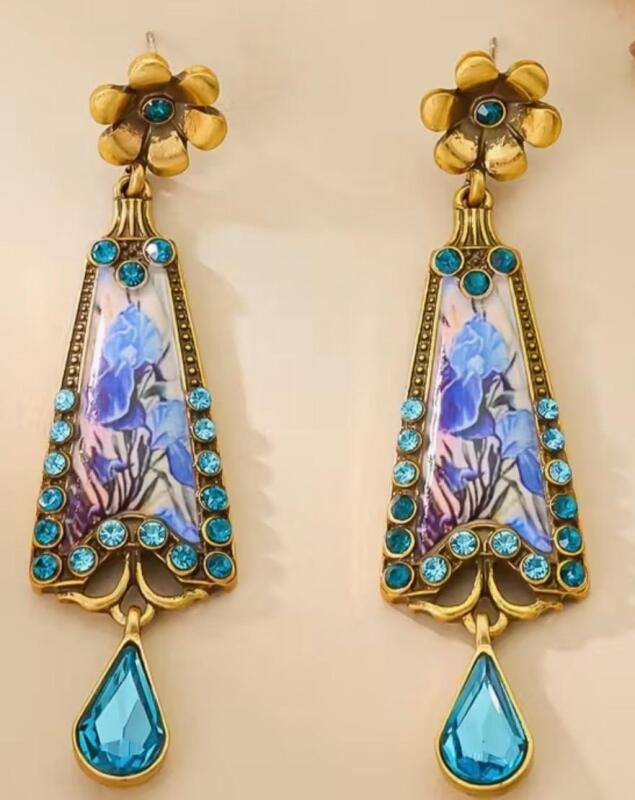 Vintage Inspired Enamel Floral Teardrop Earrings with Blue Gemstones Rhinestones Elegant Copper Alloy Stamped 925 Posts approximately 3 x .78&rsquo;&rsquo; Stock photos added