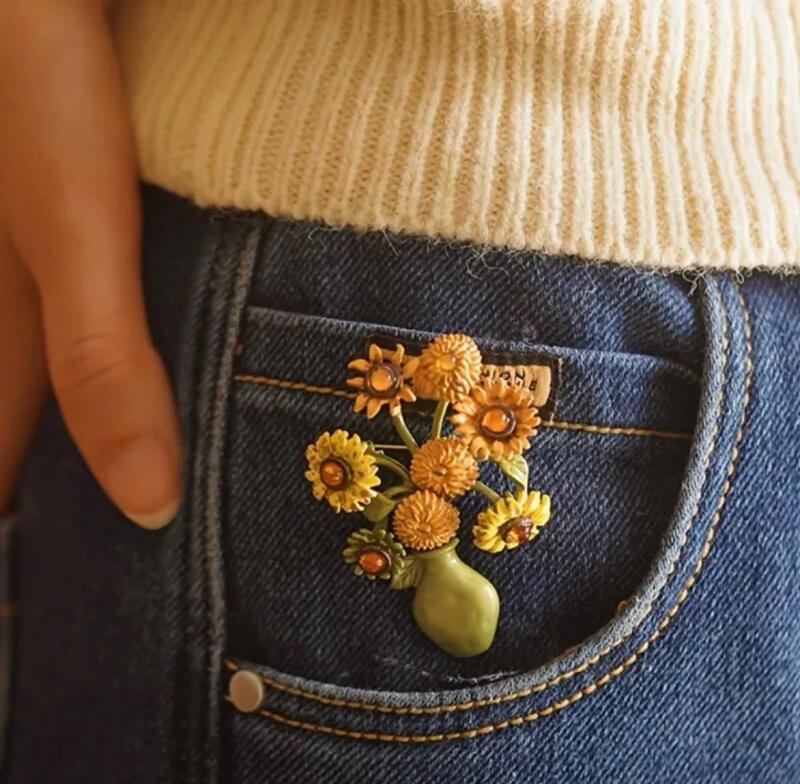 Vintage Inspired Sunflower Brooch - Elegant Alloy Flower Brooch Enamel and Beautiful Cabochons approximately 2.25 x 1.5&rsquo;&rsquo;. Stock photos added