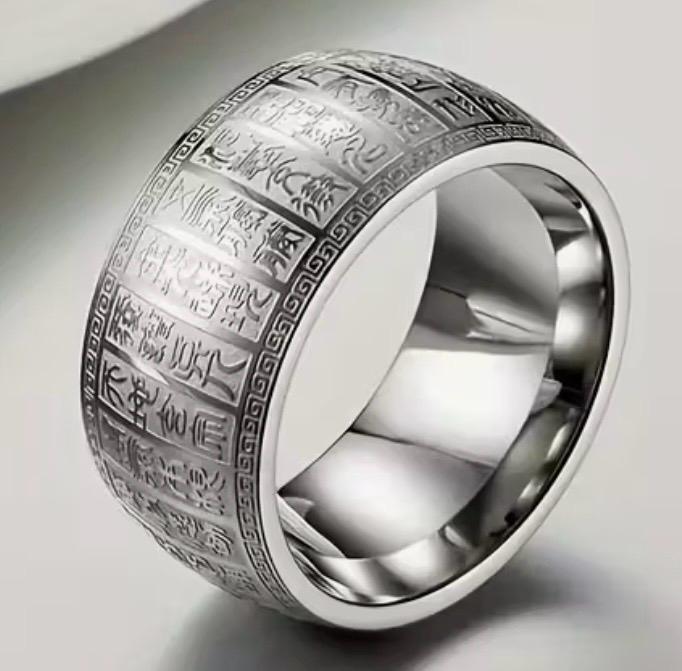 Size 13 Stainless Steel Vintage Inspired Luxurious Wide Band Ring Hypoallergenic with Elegant Seal Script Details