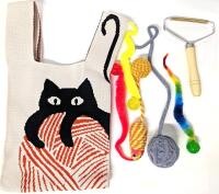 Adorable New Small Knit Cat Bag (7.5" &times; 14"), 5 Cat Toys & Carpet Fur-Remover Brush