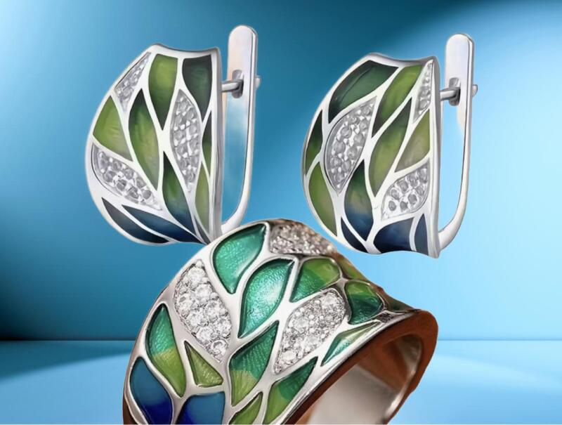 Green Leaf Enamel Micro Pave Size 9 Ring / Elegant Leaf Pave Enamel Hoop Earrings Approximately.63 x .47&rsquo;&rsquo;