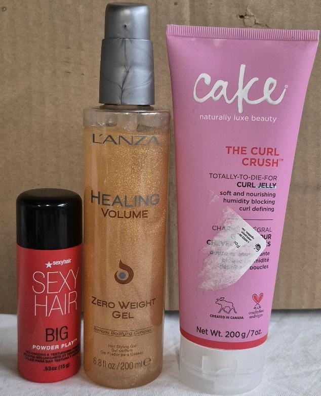 [See Desc] 3 Hair Products: Sexy Hair Powder Play 15g, L'Anza Healling Volume Gel 200mL & Cake The Curl Crush 200g