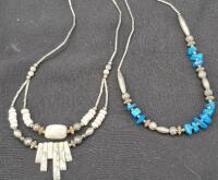 2 Beaded Necklaces 17" Long - White Gray Botswana Agate