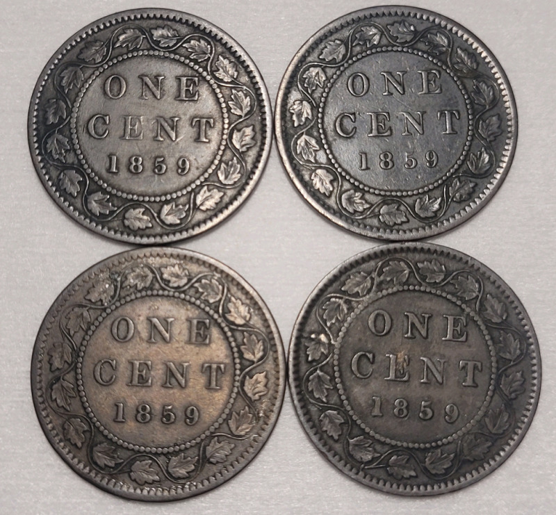 1859 Canadian Queen Victoria One Cent Pennies , Four (4) Coins