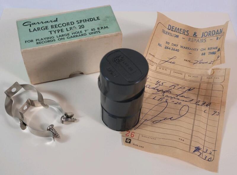 Vintage Garrard Record Spindle Type LRS-20 for Large Hole 7" 45-R.P.M. Records w/Original 1969 Sale Receipt.