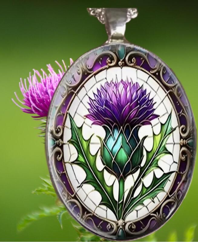 Romantic Thistle Flower Oval Glass Pendant Necklace Oval Pendant 2&rsquo;&rsquo; Chain 19&rsquo;&rsquo;