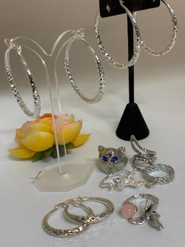 4 Unique Rings Dragon Cat Fairy with Pink Stone and Hammered Ring 2 Large Hammered Hoop Pierced Earrings see description