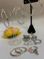 4 Unique Rings Dragon Cat Fairy with Pink Stone and Hammered Ring 2 Large Hammered Hoop Pierced Earrings see description