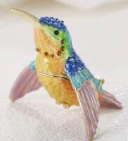 Hand Painted Enameled Flying Hummingbird Trinket Box, Hinged Cute Bird Jewelry Box Specialized Vintage Bejeweled Collectible Figurine Keepsake Decorative Box, Detailed Painting, Enamel Finish approximately 2.5 x 2&rsquo;&rsquo;