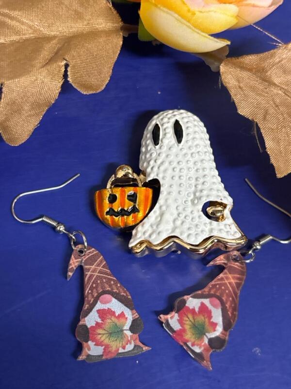 Textured Enamel Ghost Carrying a Pumkin for Treats Brooch Cute Gnome Drop Earrings Festive Fall Leaves see description