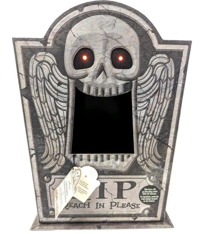 As-New Hallmark GREEDY SKELETON CANDY PRESENTER: RIP (Reach In Please) - Eyes Light Up And Says "Care for a bite? Enter at your own risk! Hahahaha!!" - 14.5" Tall, Tested & Working
