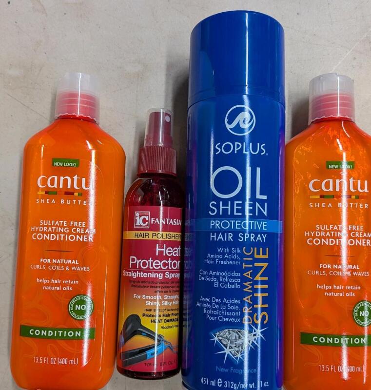 4 New Haircair Products. [See Description]. 2 bottles Cantu Conditioner, 1 Isoplus Hairspray and 1 fantasia Heat Protector.