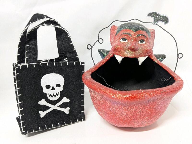 Neat Dept 56 Paper Mach&eacute; Devil-Mouth Candy Bowl Basket (5.5" Tall) & Small Adorable Felt Skull & Crossbones Bag