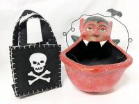 Neat Dept 56 Paper Mach&eacute; Devil-Mouth Candy Bowl Basket (5.5" Tall) & Small Adorable Felt Skull & Crossbones Bag