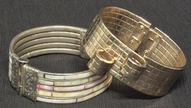 2 Vintage Hinged Bracelets- Harboux & Mother of Pearl Inlay