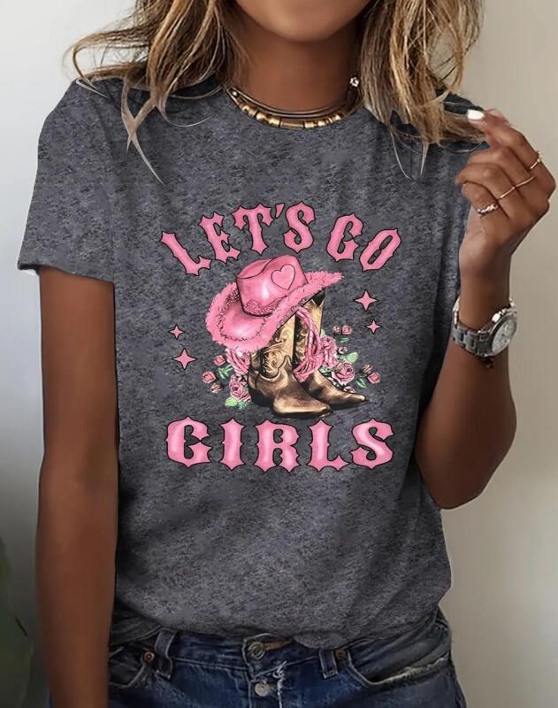 New Size Medium Shania Inspired Women's Western Cowgirl Graphic T-Shirt - Let'S Go Design with Pink Cowboy Hat & Boots, Casual Crew Neck Short Sleeve Machine Wash 100% Polyester stock photos added