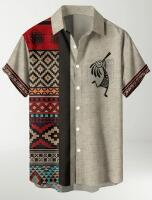 New Men's Size XL Aztec Tribal Shirt - Vintage Inspired Button-Up Shirt with Beige, Red, Black, White, Brown, Non-Stretch 100% Polyester S/S Fabric Stock photos added