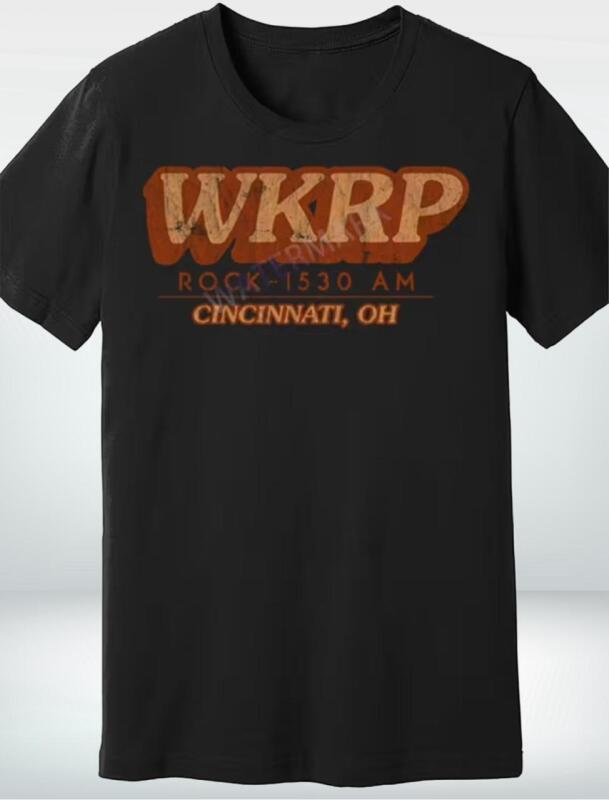 New Size Large WKRP Cincinnati Men's Vintage Radio Station Graphic Tee - Black T-Shirt with Orange "Rock 1530 AM" Heavyweight 100% Cotton Shirt S/S Machine Washable Retro Music Memorabilia Classic Round Neck