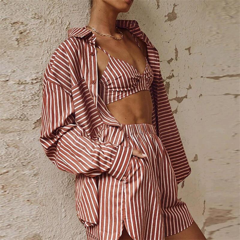 New Size Small Women's COMMENSE 3pc Beach Set, Long Sleeve Button-Up Shirt, Bikini Top & Elastic Shorts