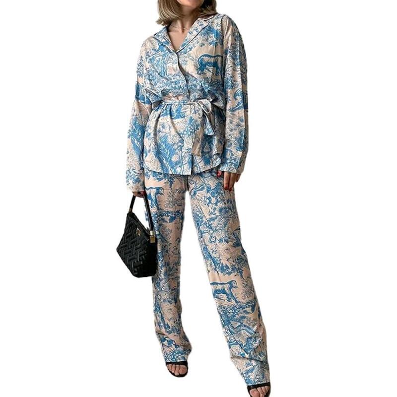 New Size Small Women's COMMENSE 2pc Vintage Safari Animal Print Button-Up Long Sleeve Top & Elastic Waist Pants Set With Belt - Retails Over $50