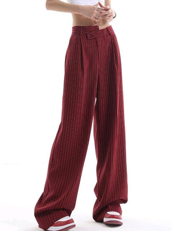 New Size Med Women's COMMENSE Asymmetrical High-Waist Pinstripe Pants, Burgundy - Retails Over $50!