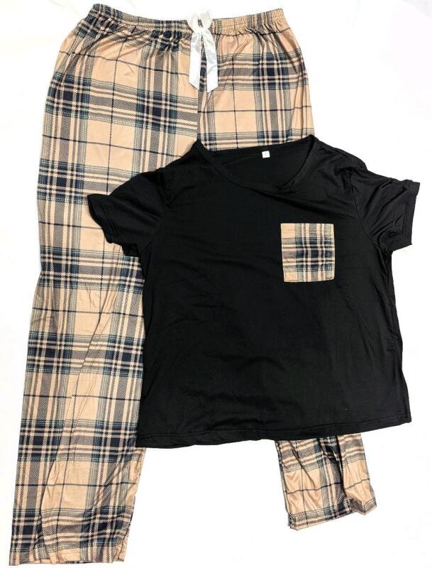 New Size Large Women's 2pc Plaid Pocket Top & Elastic Waist Pajama Pants Set