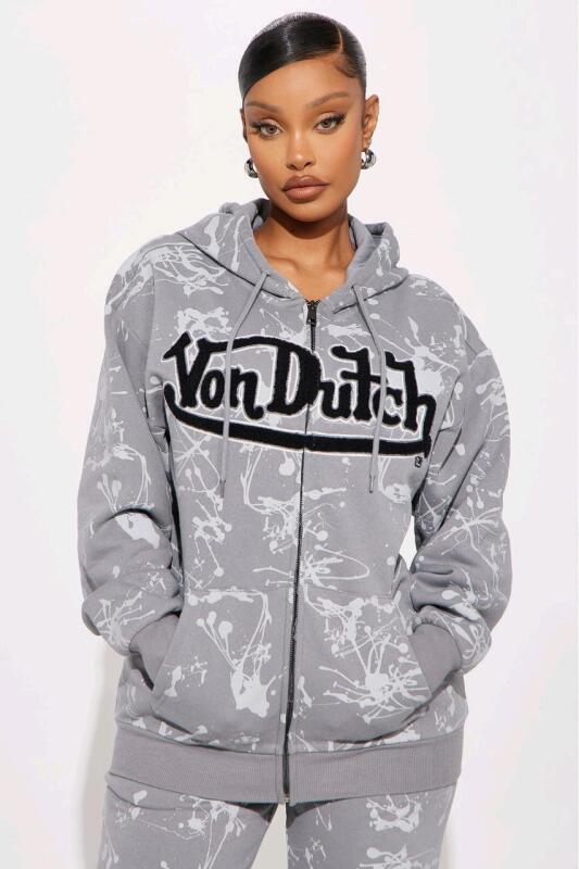 New Size Small Women's FASHION NOVA Von Dutch Paint Zip-Up Hoodie, Grey/Black | Retails Over $50!