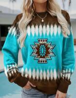 New Size Large Women's Casual Western Tribal Print Sweatshirt - Turquoise & Brown Retro Design, Round Neck Long Sleeve Pullover, Machine Washable All-Season Comfort Top, Everyday Fashion, Soft Texture Clothing Stock photos added 95% Polyester 5% Spandex