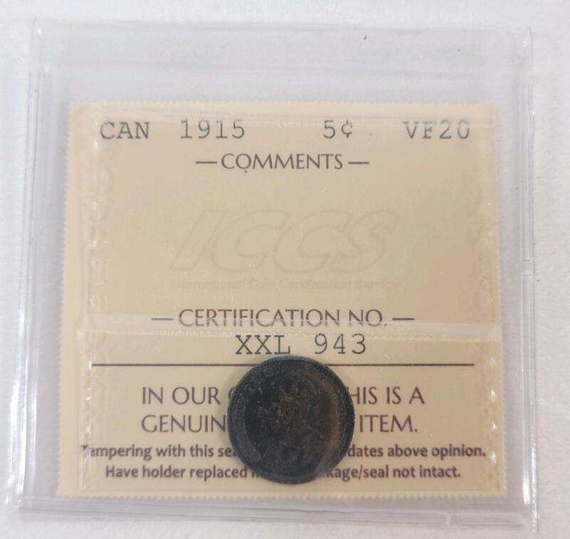 1915 Canadian Silver 5 Cent Nickel . ICCS Graded VF20 .