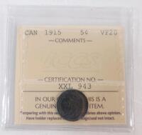 1915 Canadian Silver 5 Cent Nickel . ICCS Graded VF20 .