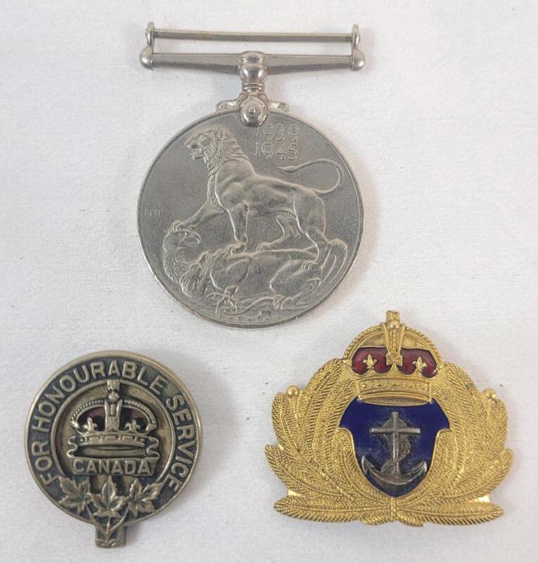 Vintage Canadian Military Medals & Pins . WWI 1919 For Honourable Service Pin , BIRKS Canadian Navel Pin & WWII 1939-1945 Canadian/British Service Medal