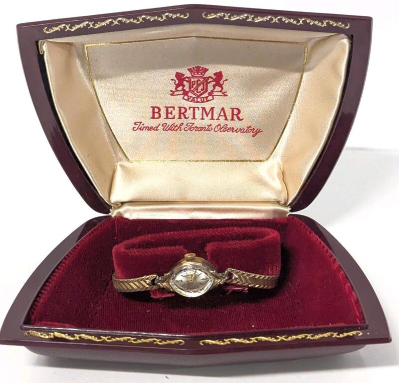 Vintage BERTMAR 17 Jewels Manual Wind Art Deco Ladies Watch with Safety Chain, in Original Case, Winds Easily, Ticking Can Be Heard, Strap Approx 6" Long