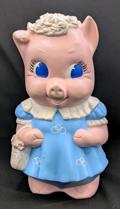 Large Vintage Chalkware Lady Pig Piggy Bank, 11" Tall, Chip in Ear, Includes Metal Stopper