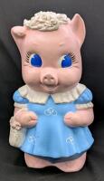 Large Vintage Chalkware Lady Pig Piggy Bank, 11" Tall, Chip in Ear, Includes Metal Stopper